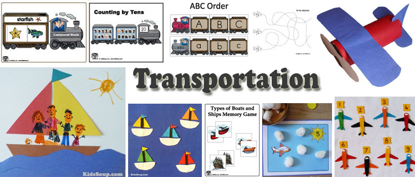 Transportation, train, ships, airplane activities and crafts